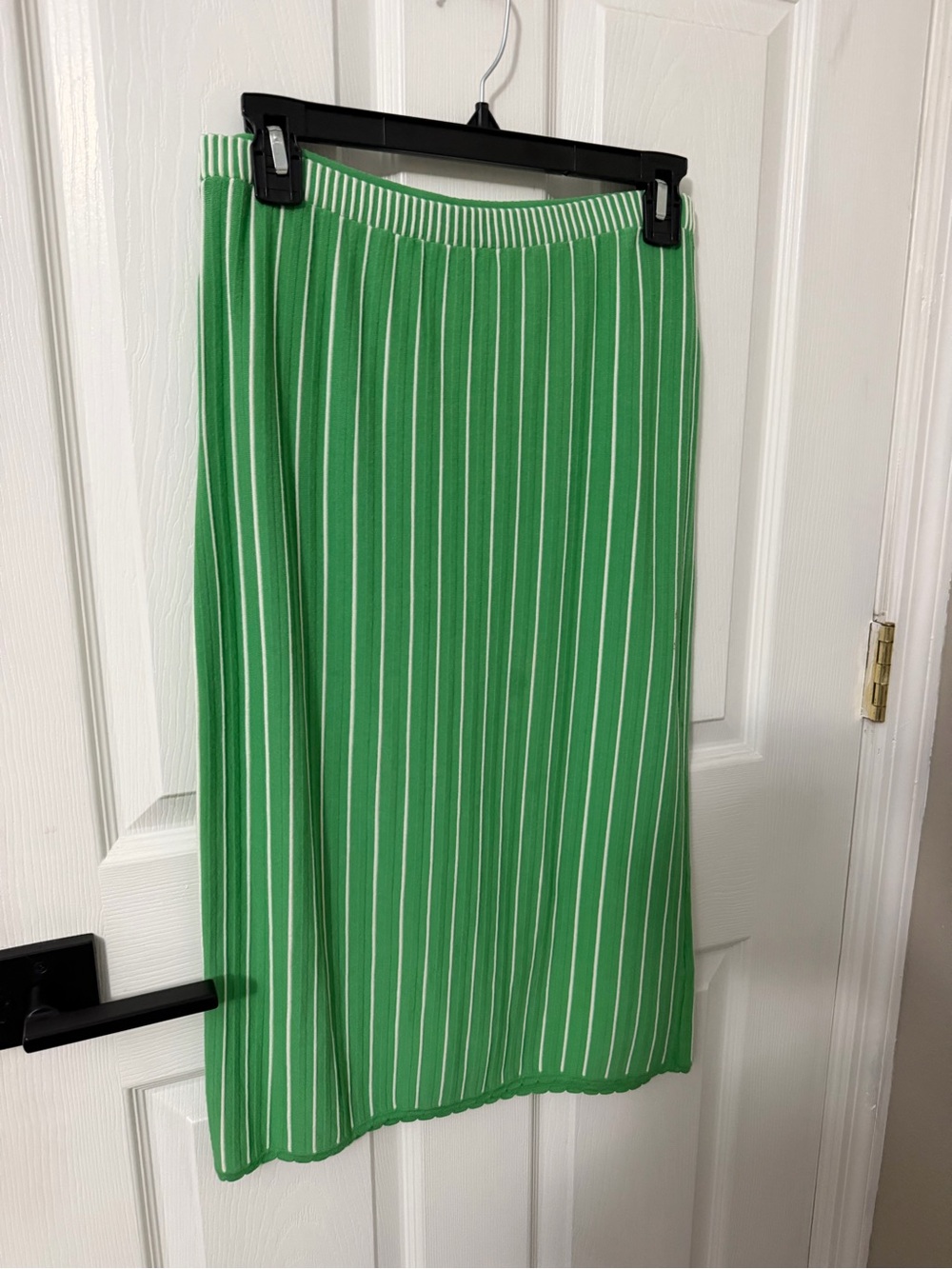 Anthropologie Green and White Vertical-Stripe Midi Skirt